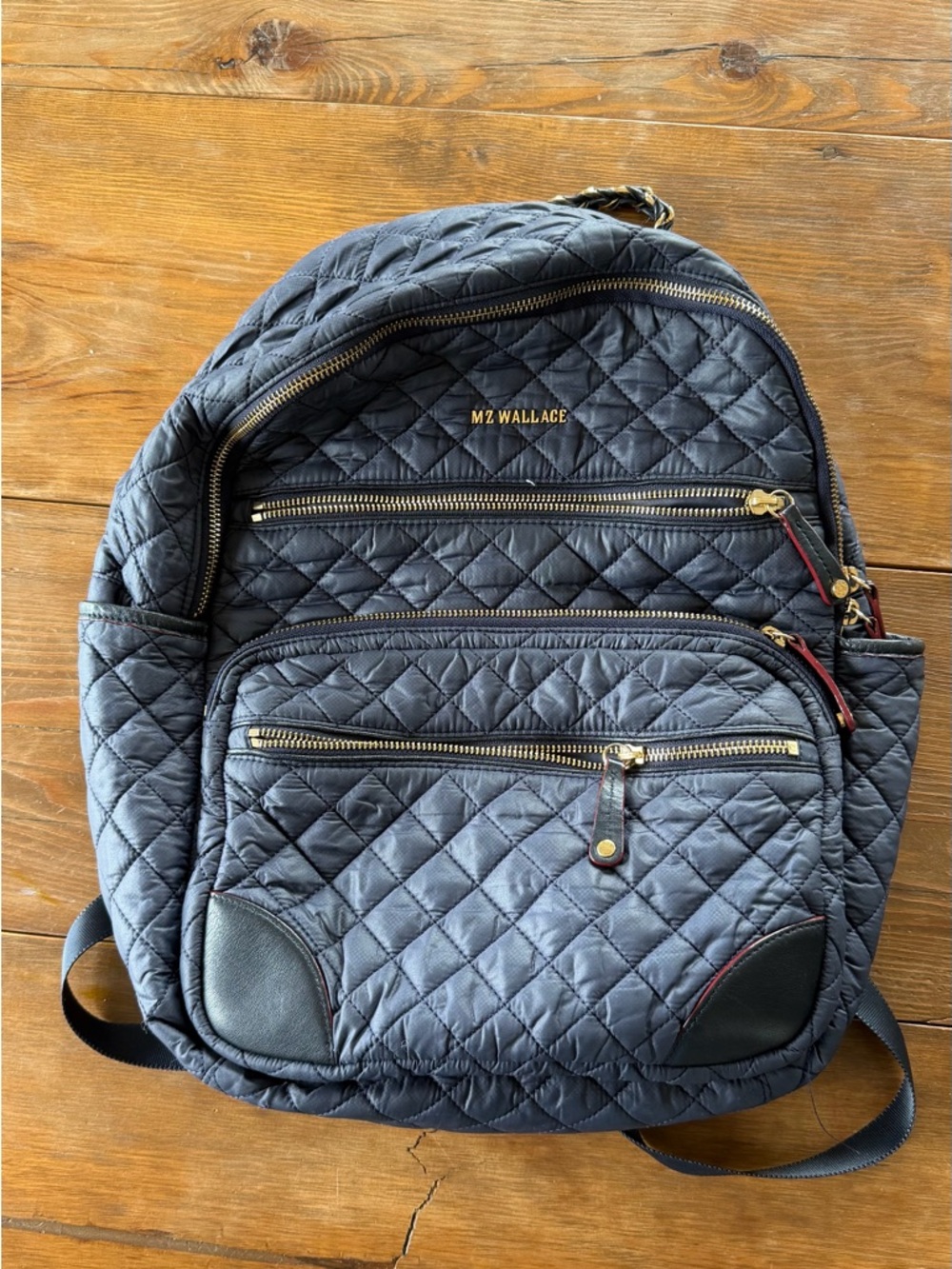 MZ Wallace Navy Quilted Backpack with Tan Trim and Gold Hardware